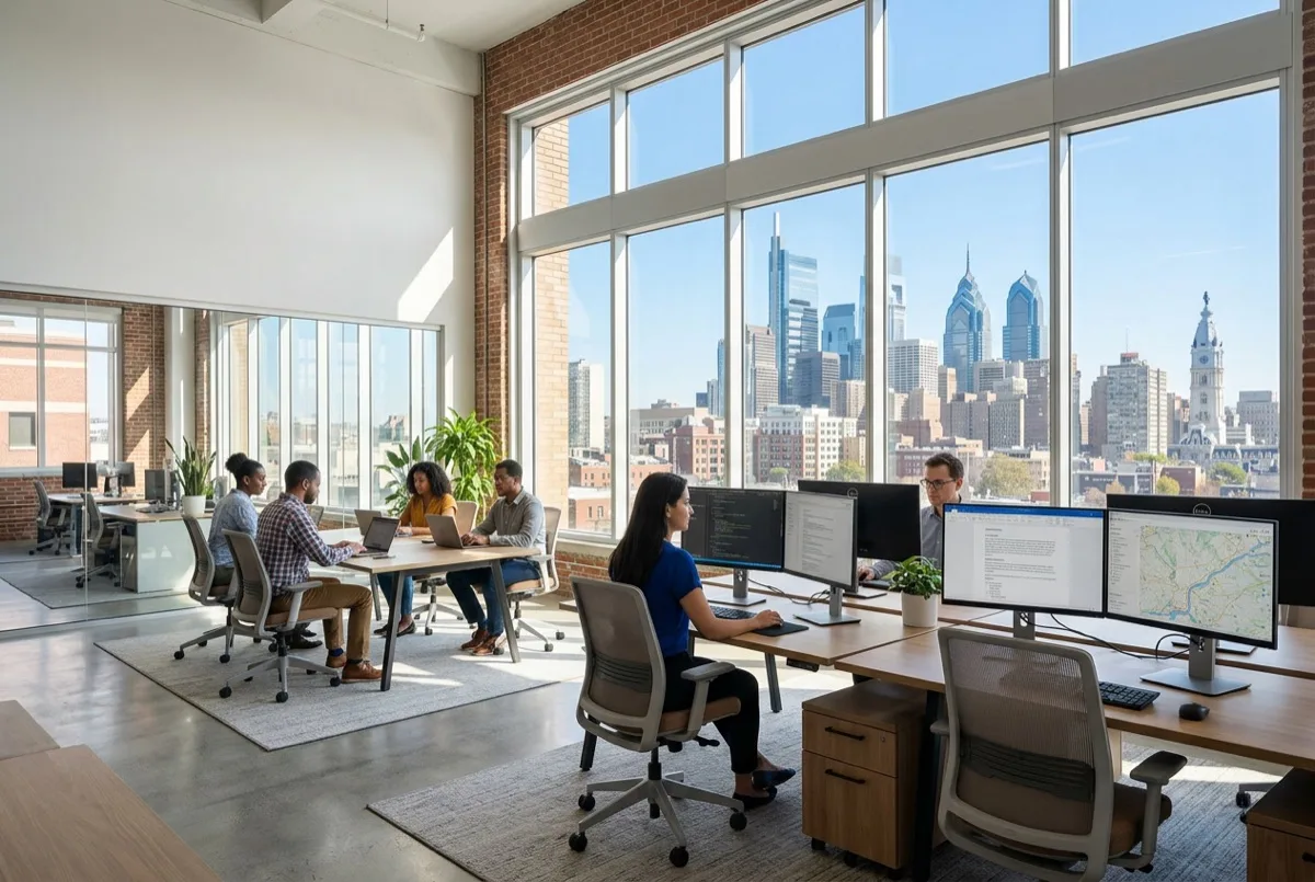 Spectrally selective glare reduction window film in bright Philadelphia interior - maximum natural light with minimum glare on screens