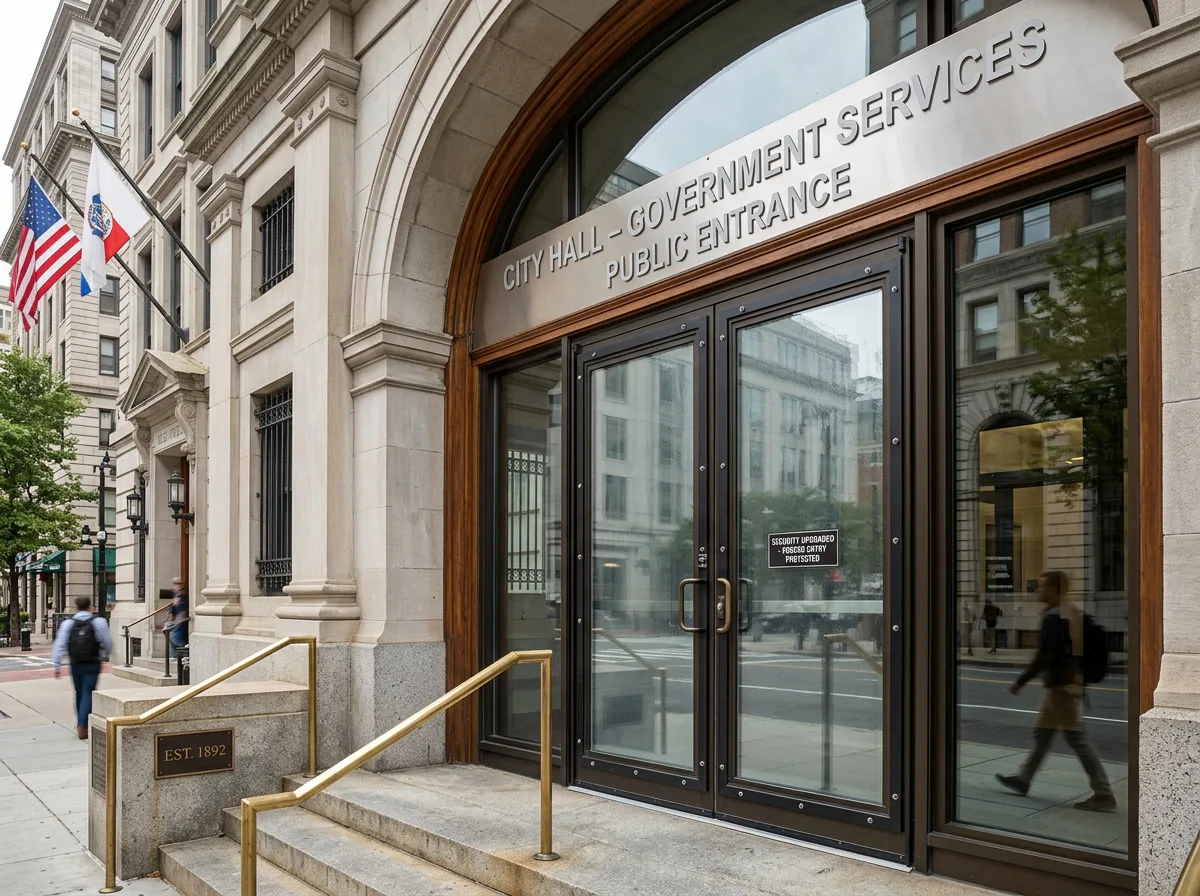 Forced entry delay security window film on a Philadelphia government building entrance