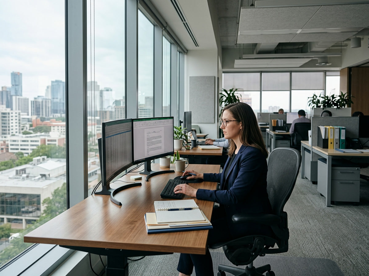 Glare reduction window film in a Philadelphia government office workspace