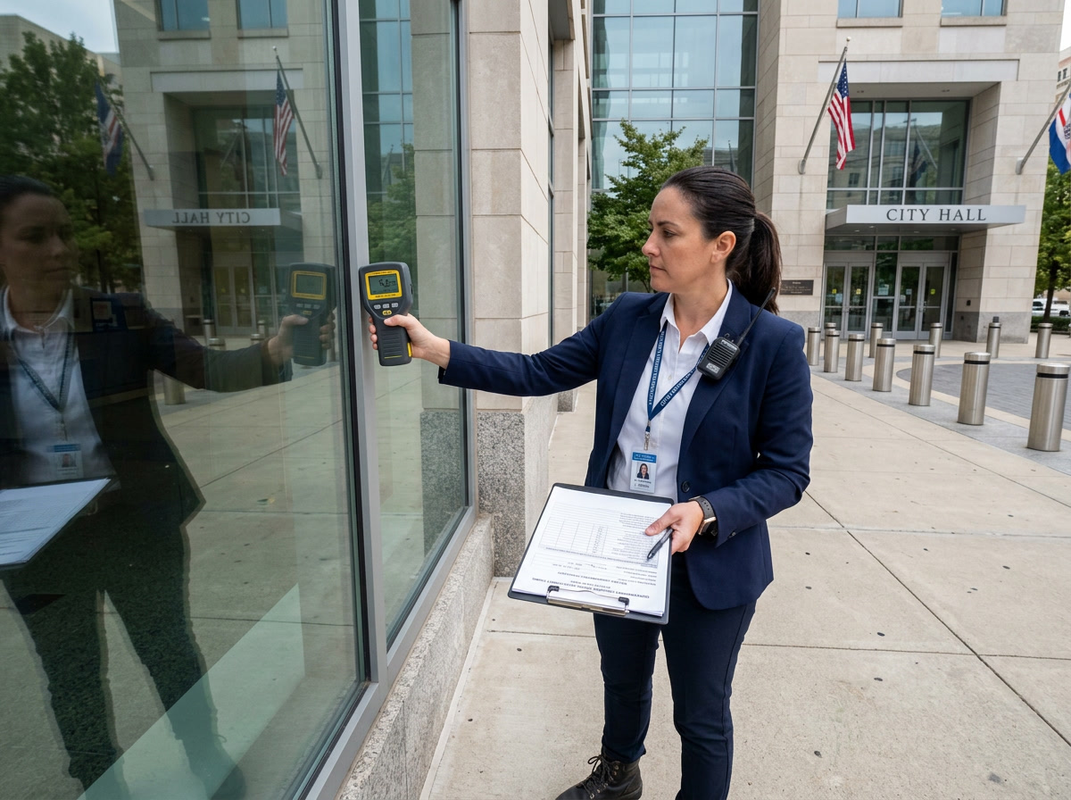 Government window film consultant assessing federal building windows in Philadelphia