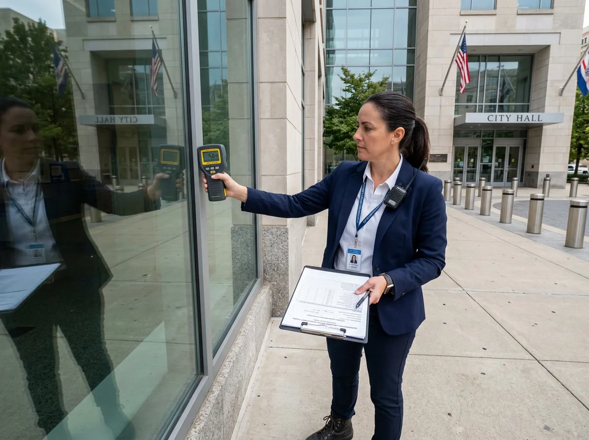 Government window film consultant assessing federal building windows in Philadelphia