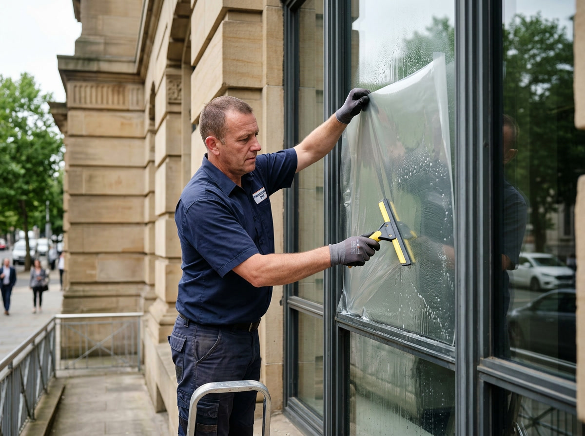Professional installer applying security window film to government building glass in Philadelphia