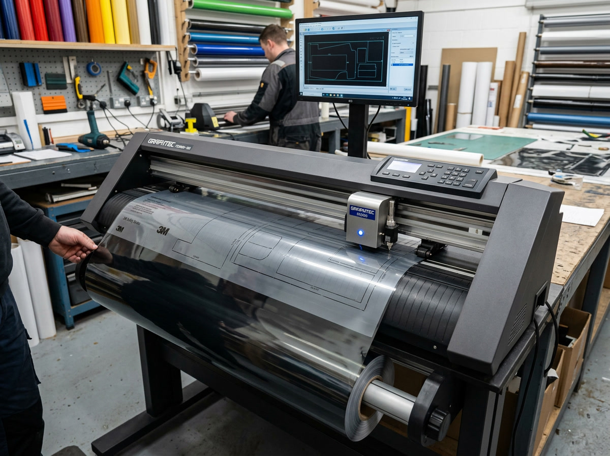 Precision plotter cutting government window film to exact dimensions