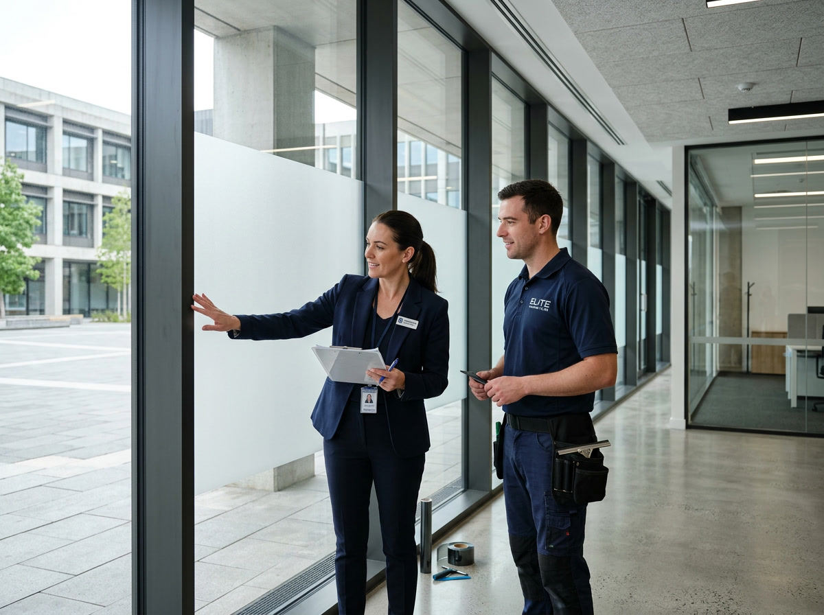 Installer and facilities manager doing final walkthrough of government window film installation