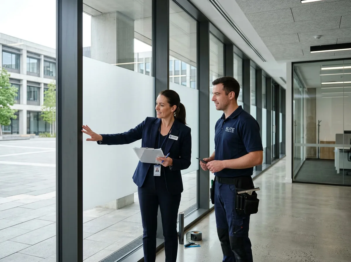 Installer and facilities manager doing final walkthrough of government window film installation