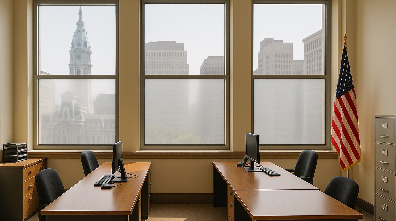 Same Philadelphia government office interior after security and solar window tinting — even light and protected finishes