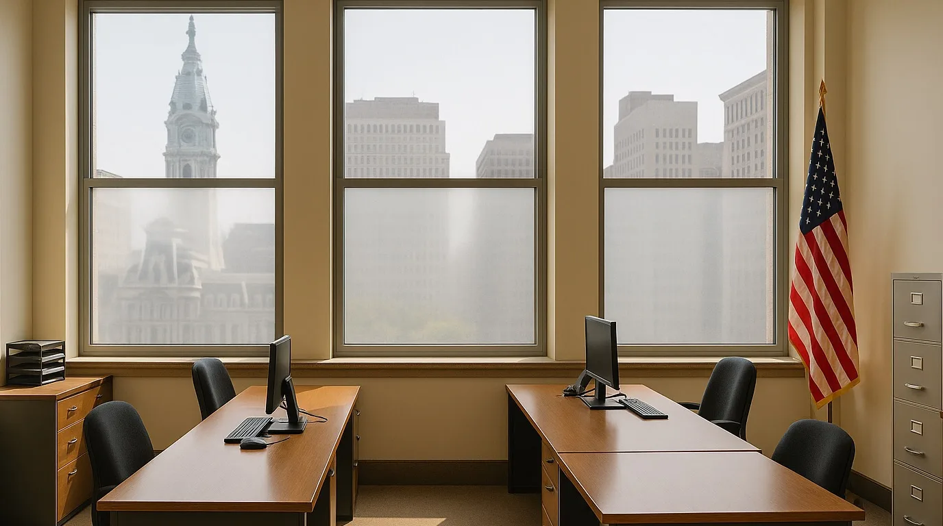 Same Philadelphia government office interior after security and solar window tinting — even light and protected finishes