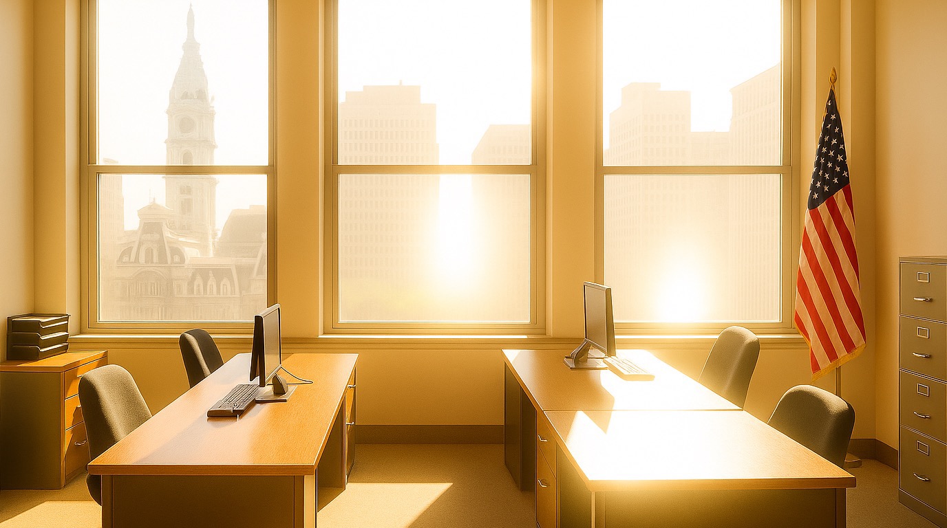 Philadelphia government office interior without window film — harsh glare on workstations and faded surfaces