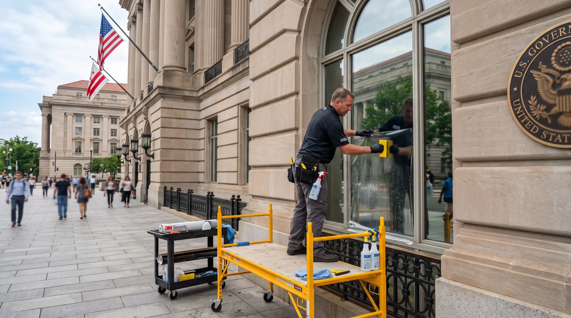 Professional installer applying security window film to government building glass