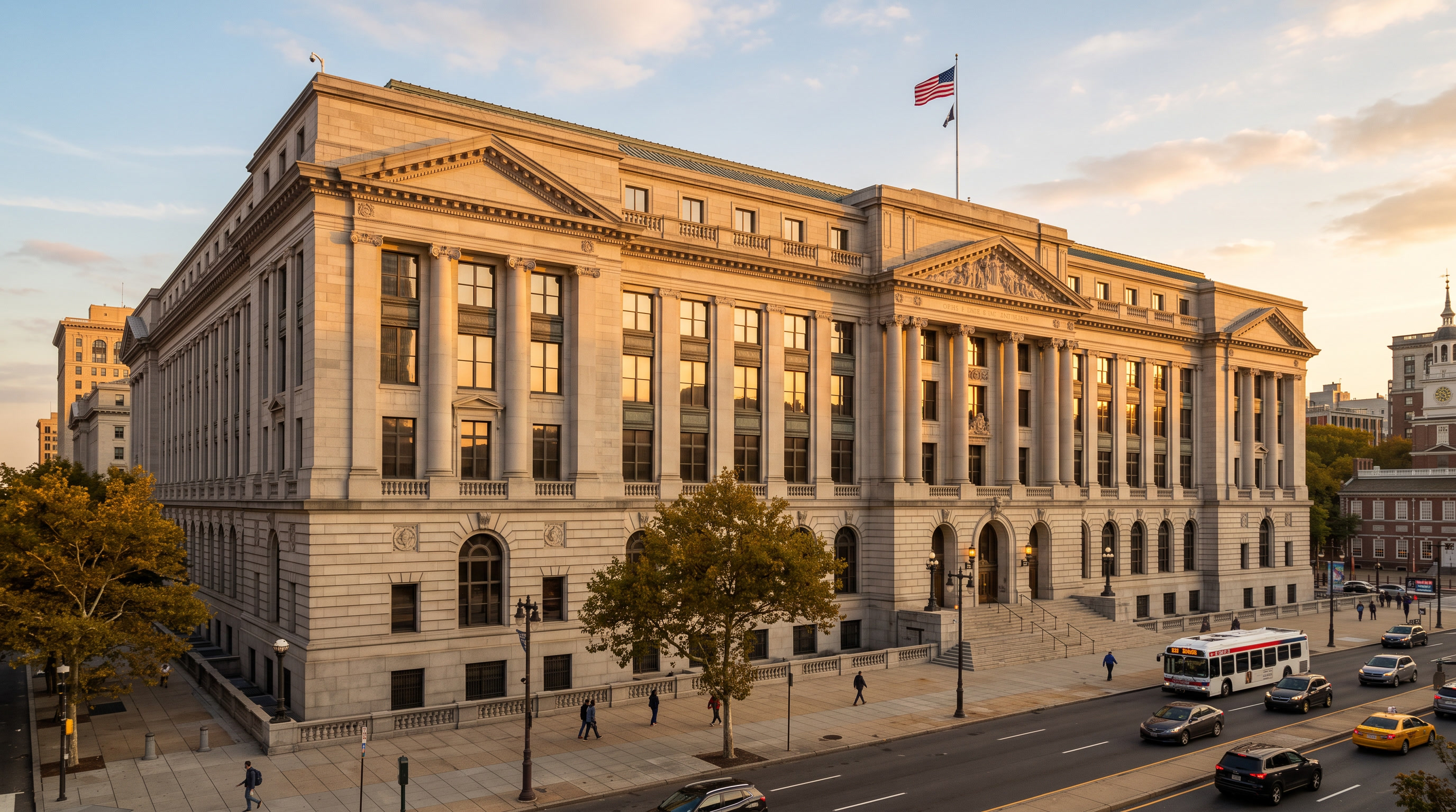 Philadelphia government district with public buildings featuring security window tinting