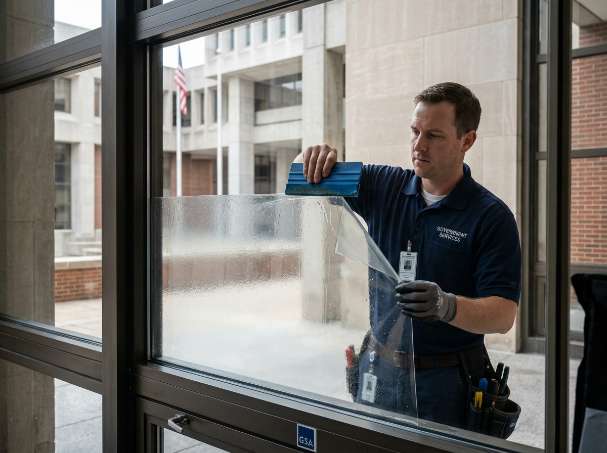 Security blast mitigation window film on a Philadelphia federal building