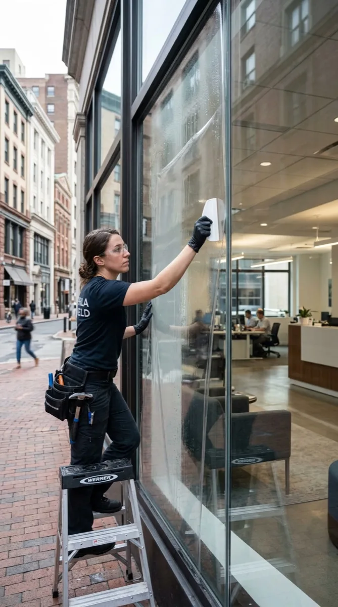 Professional installer applying Graffiti Shield protective film to Philadelphia storefront glass