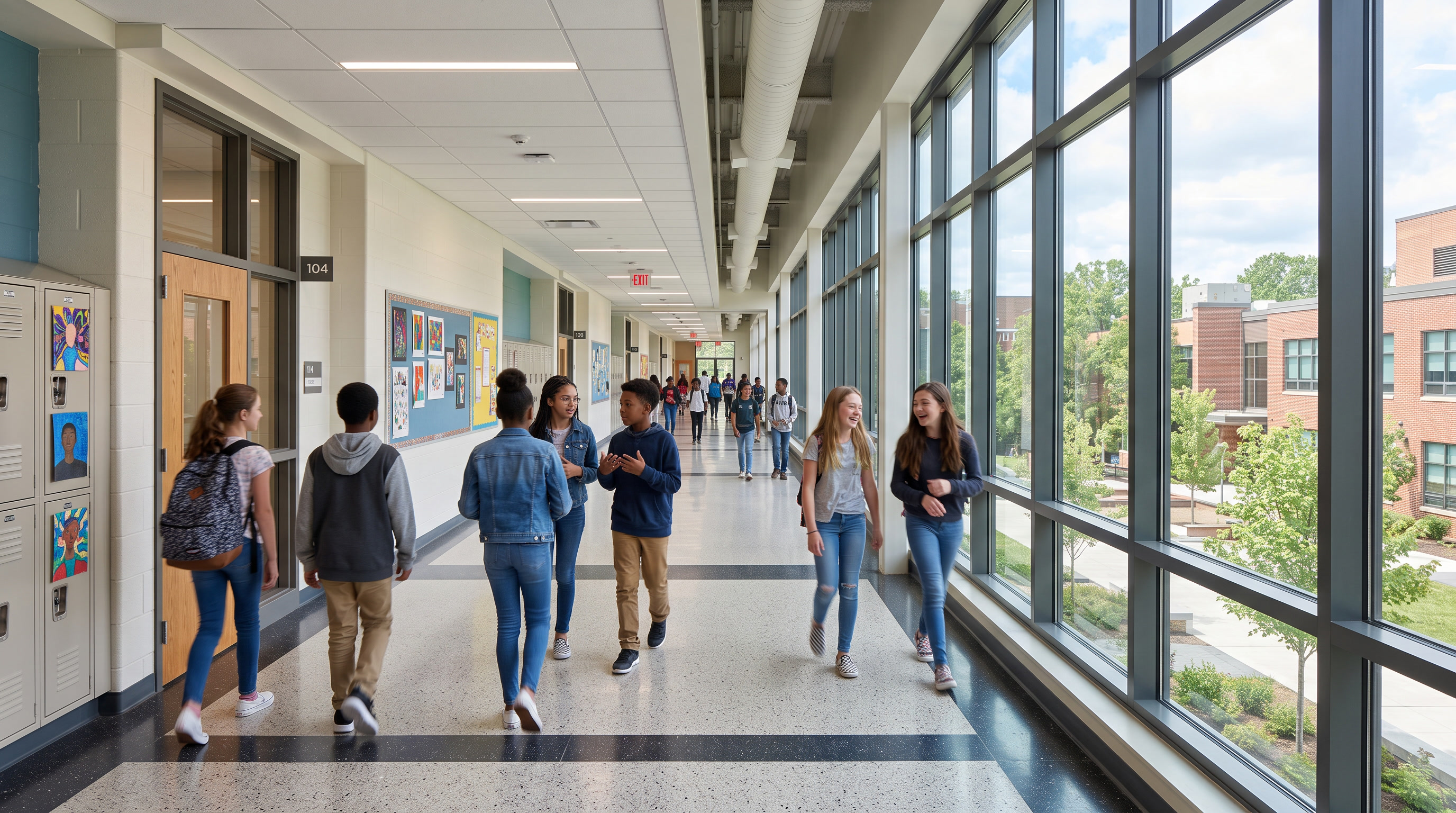 Philadelphia school corridor with Graffiti Shield protective film on corridor windows