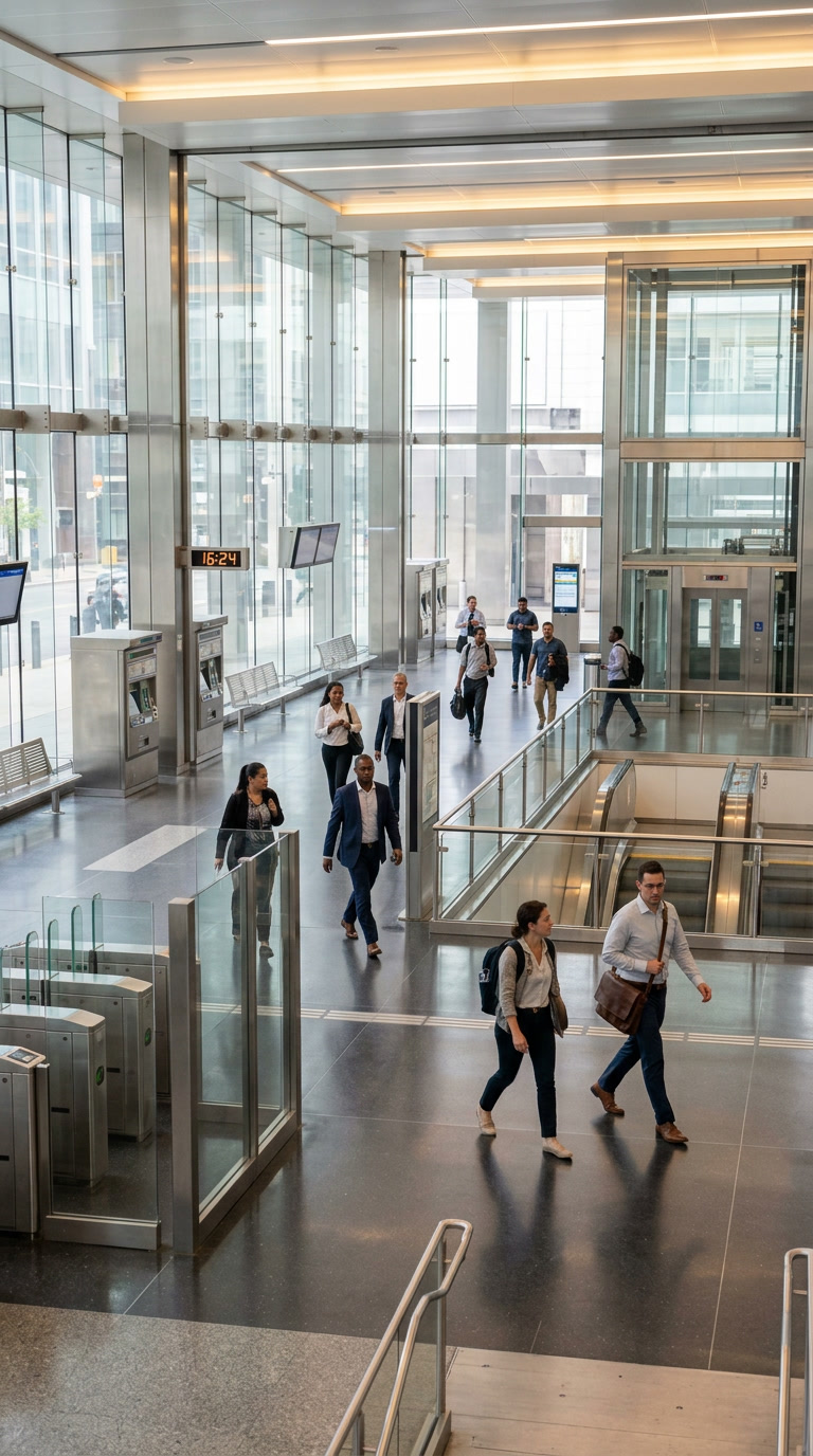 Pristine clean Philadelphia transit station with protected glass surfaces — no graffiti damage visible