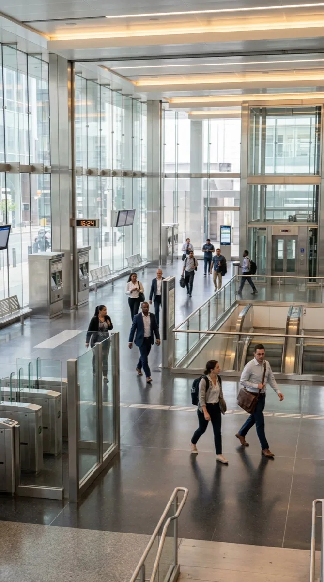 Pristine clean Philadelphia transit station with protected glass surfaces — no graffiti damage visible