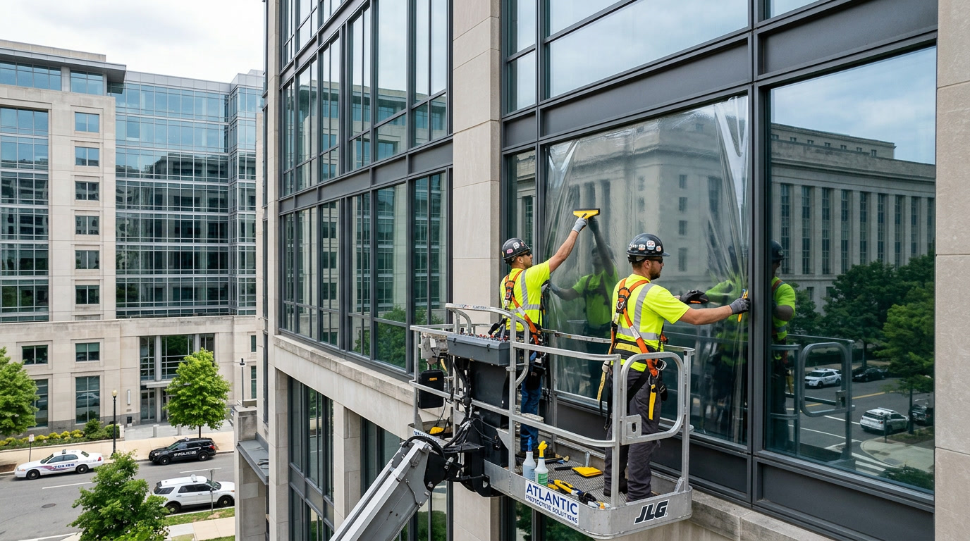 Blast mitigation window film holding civic building glass fragments in place Blast mitigation window film holding civic building glass fragments in place