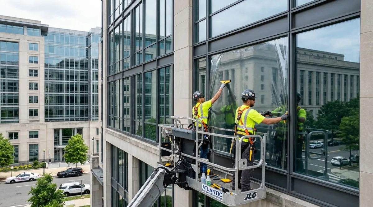 Blast mitigation window film holding civic building glass fragments in place Blast mitigation window film holding civic building glass fragments in place