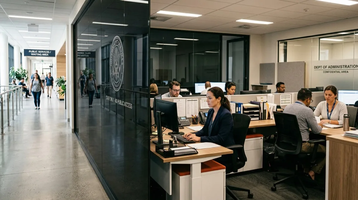 Privacy window film controlling sightlines in a public government office Privacy window film controlling sightlines in a public government office