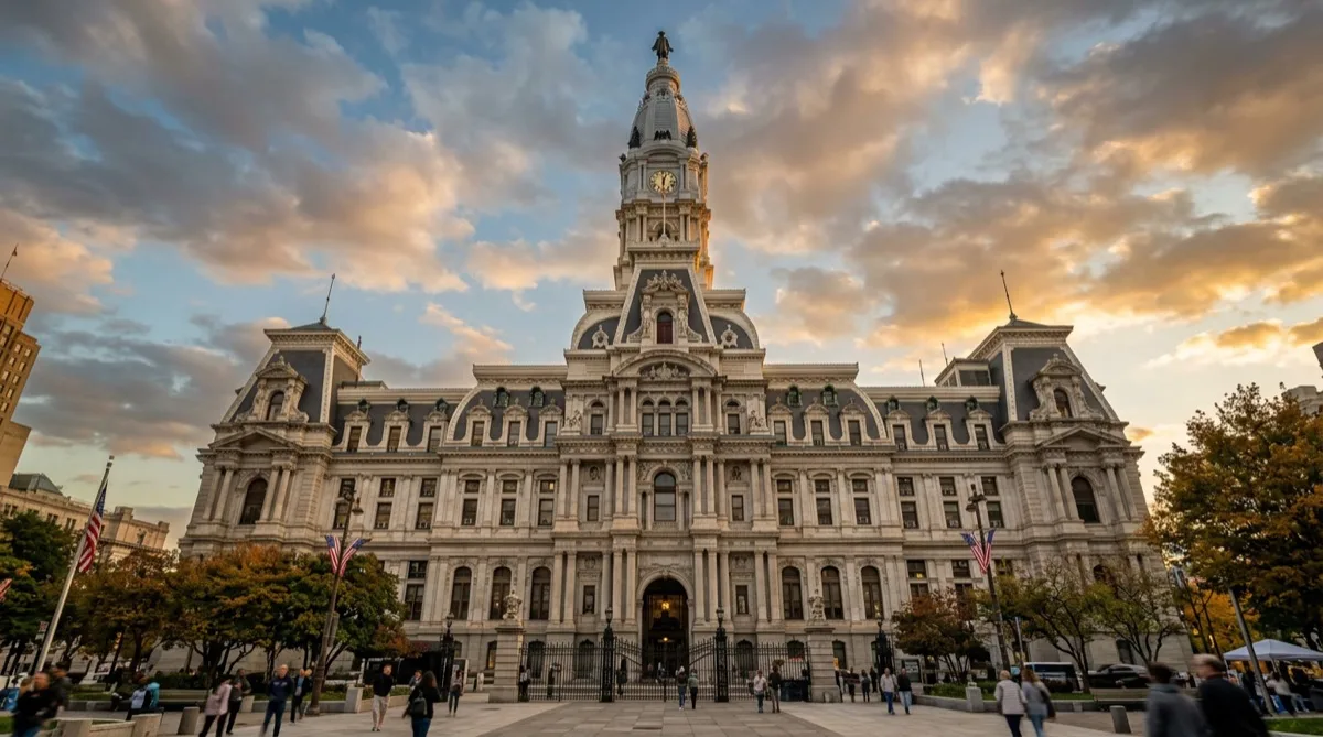 Aging Philadelphia civic building with large public-facing windows and afternoon sun exposure