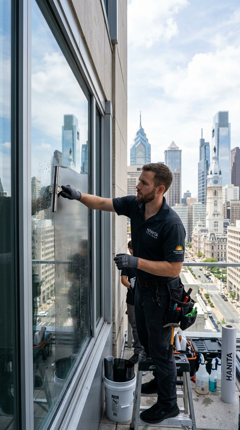 Authorized installer applying Hanita Coatings window film to Philadelphia glass