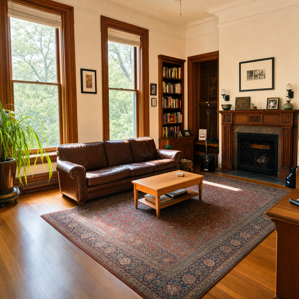 Same Philadelphia rowhouse living room with window film — soft, even, comfortable natural light