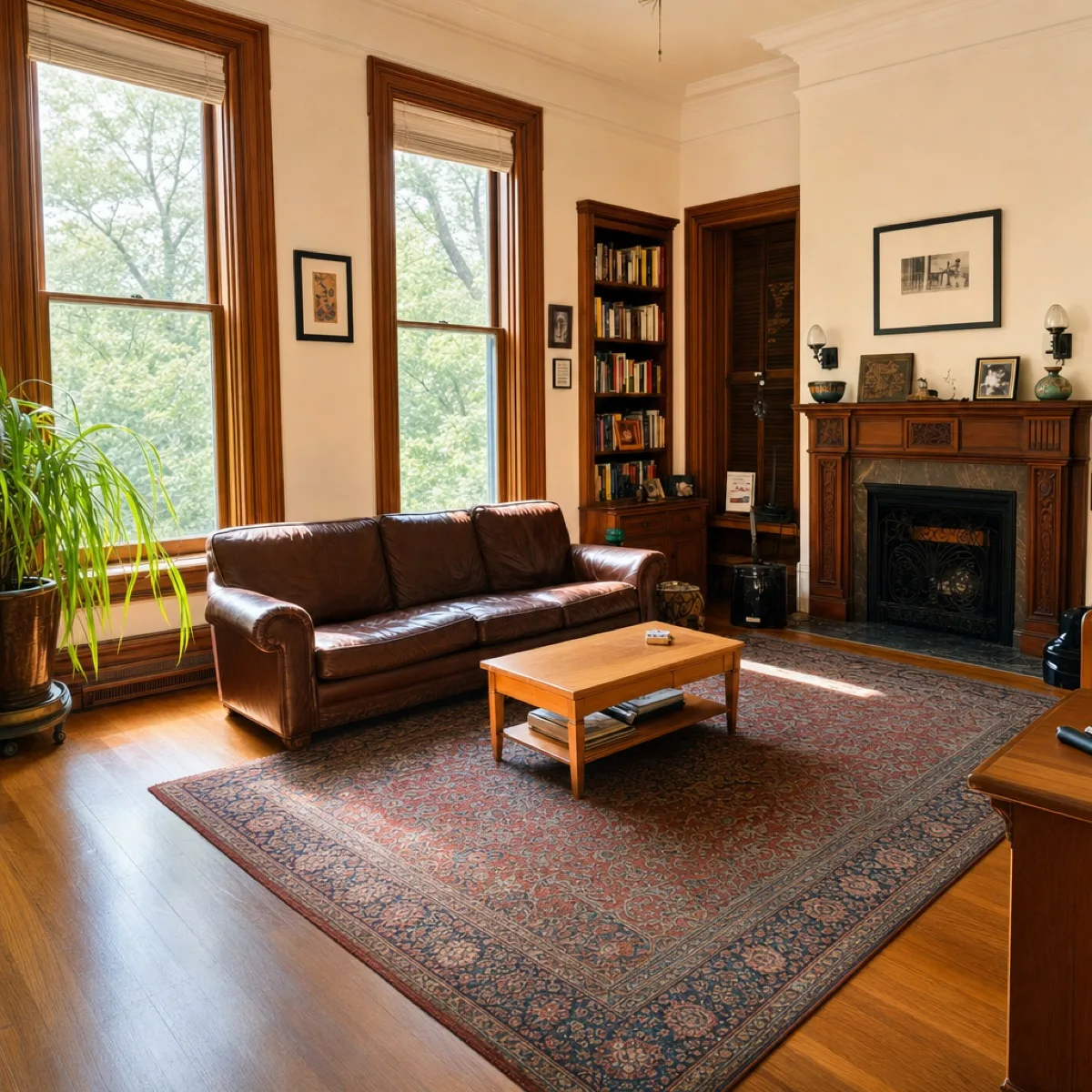 Same Philadelphia rowhouse living room with window film — soft, even, comfortable natural light