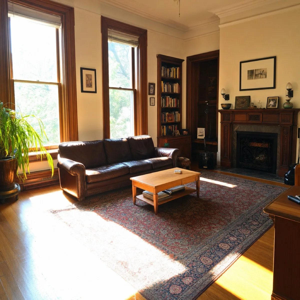 Philadelphia rowhouse living room without window film — harsh afternoon glare and hot sun on floors