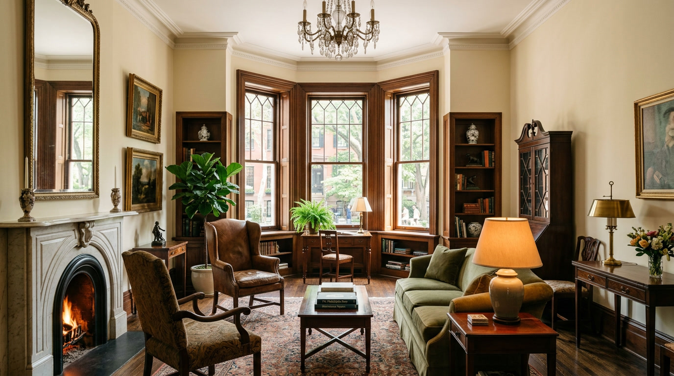 Rittenhouse Square brownstone with south-facing bay windows and professional window film installation