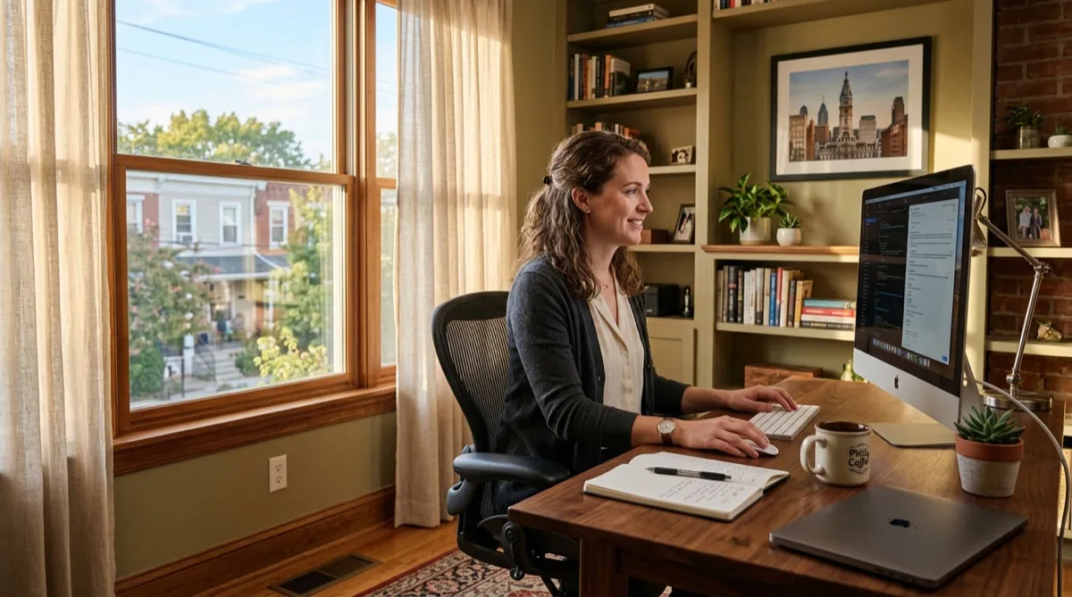 Philadelphia home office, person comfortable at desk, afternoon sun diffused through treated window
