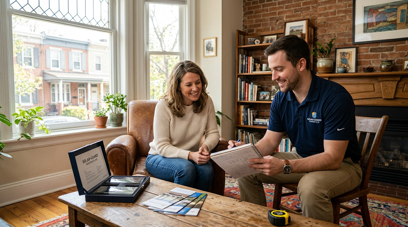 Window film specialist meeting with Philadelphia homeowner