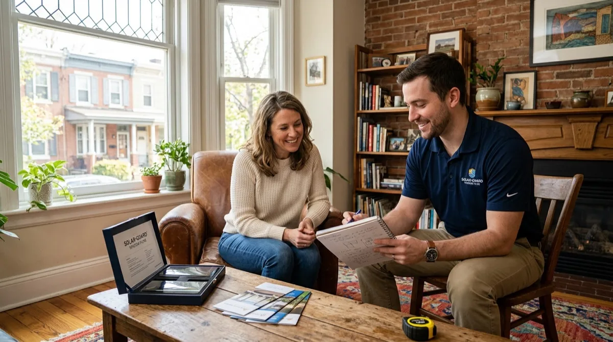 Window film specialist meeting with Philadelphia homeowner