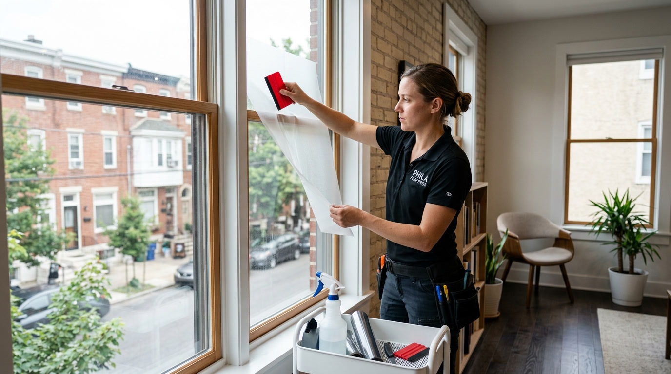 Professional window film installer working on a Philadelphia rowhouse