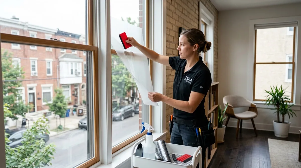 Professional window film installer working on a Philadelphia rowhouse