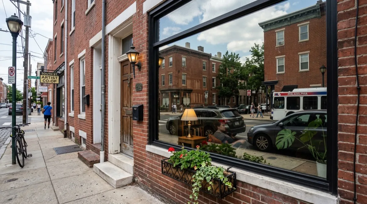 Ground-floor Philadelphia rowhouse window with daytime privacy film visible from street