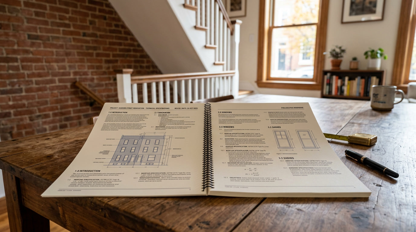 Open technical spec sheet on table with Philadelphia rowhouse interior in background