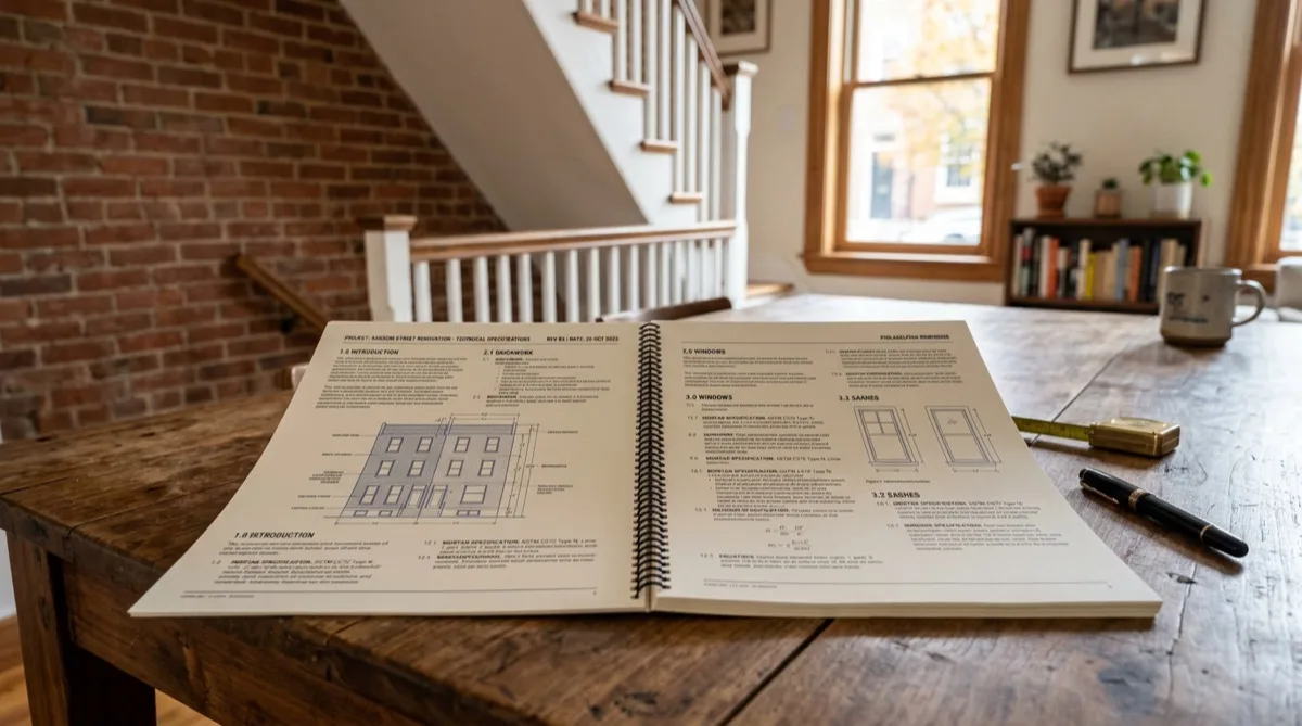 Open technical spec sheet on table with Philadelphia rowhouse interior in background