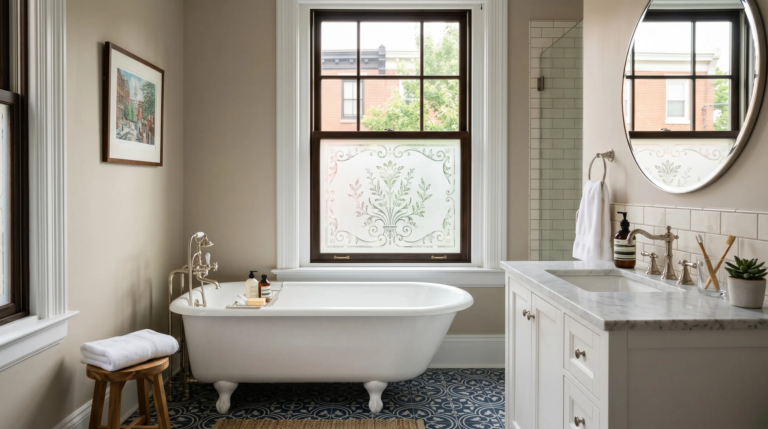 Philadelphia home bathroom with elegant frosted decorative window film, diffused natural light