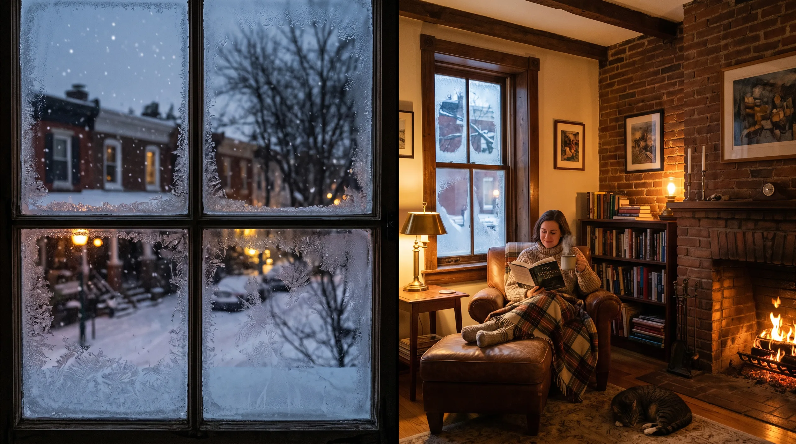 Philadelphia rowhouse in winter, warm cozy interior with Low-E window film, frost visible outside