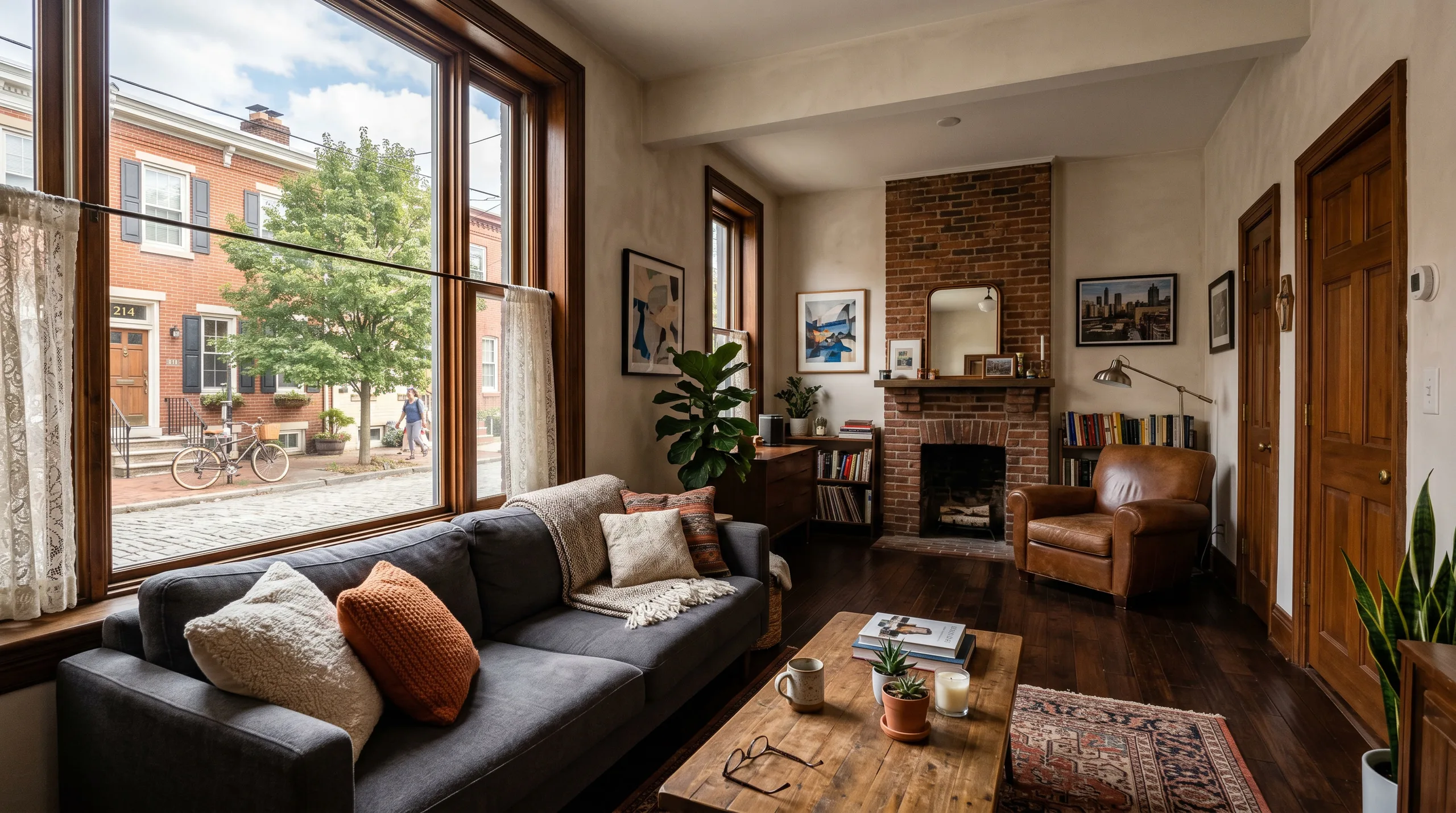 Ground-floor Philadelphia rowhouse living room with privacy film, comfortable natural light