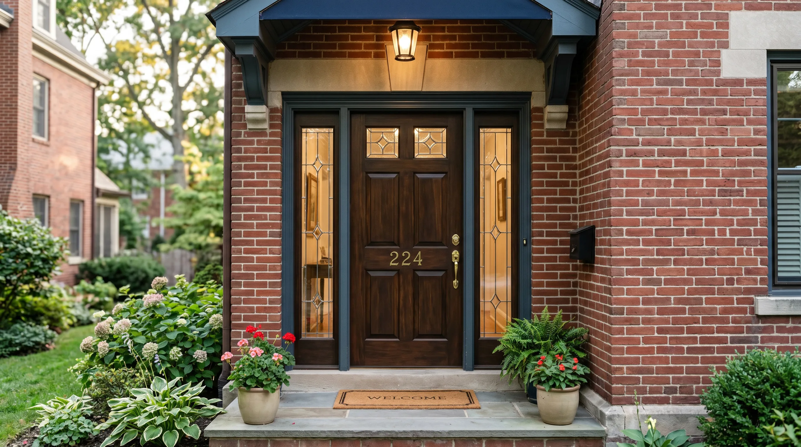 Philadelphia home entry door with safety film on glass sidelights