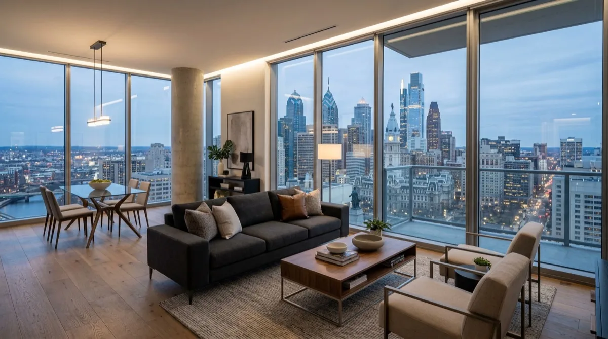 Center City high-rise condo with floor-to-ceiling windows