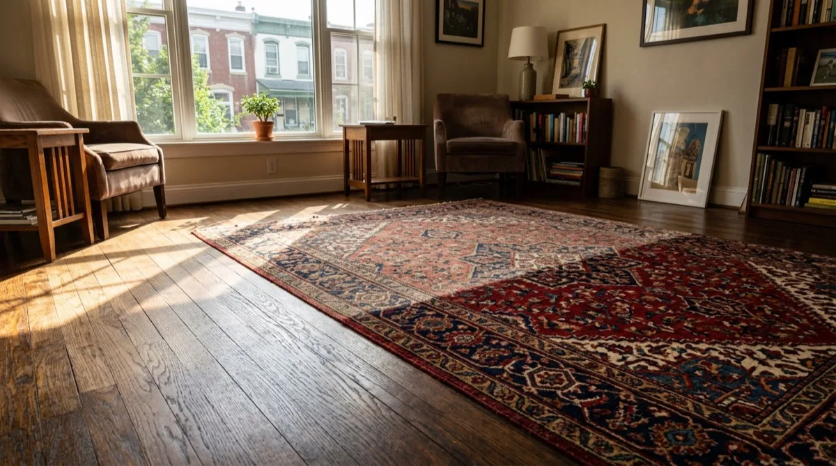 Philadelphia living room with hardwood floor and rug showing UV protection from window film