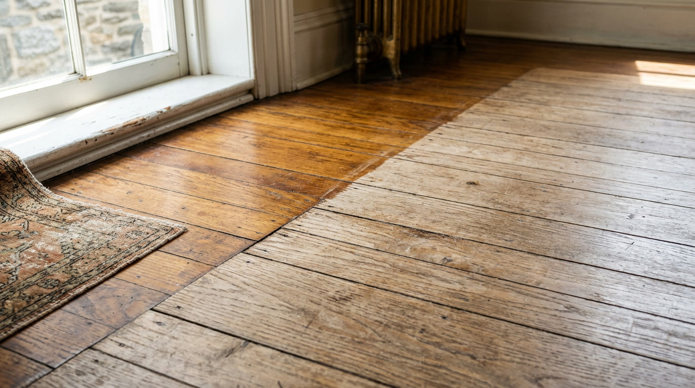 Sun-bleached hardwood floor near a bright window in a Philadelphia home showing UV fading damage