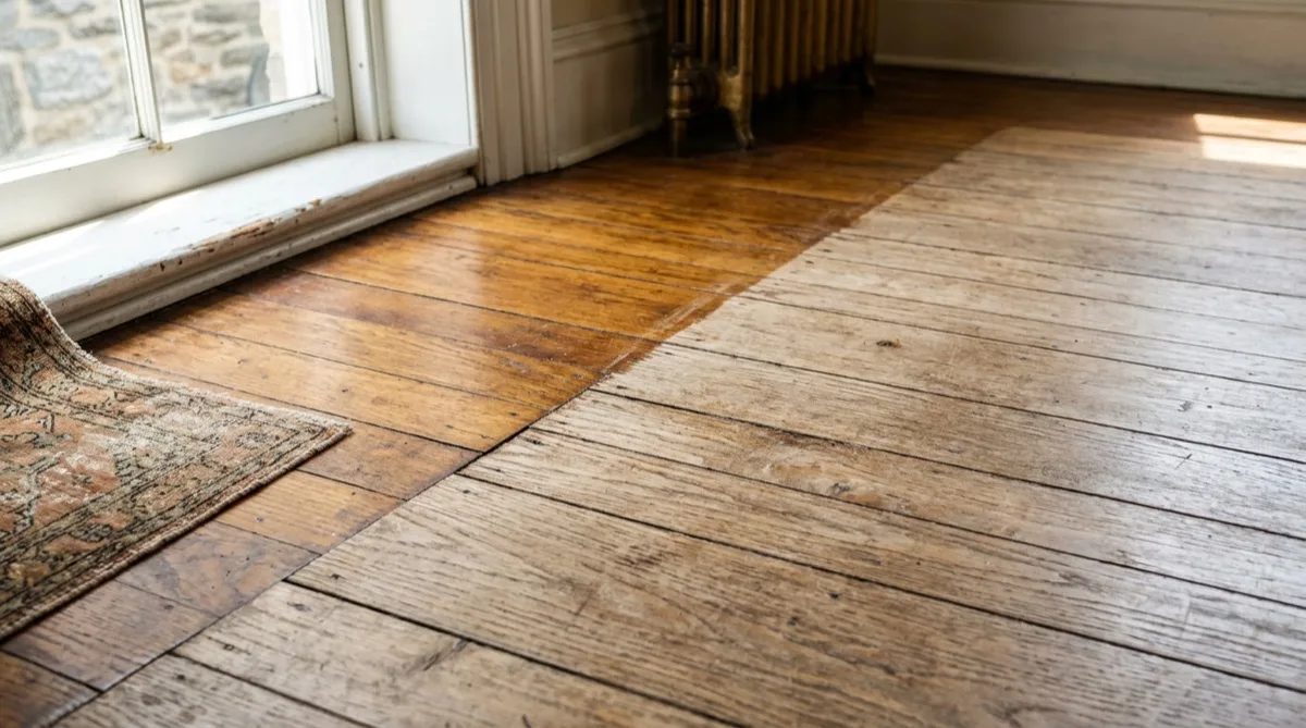Sun-bleached hardwood floor near a bright window in a Philadelphia home showing UV fading damage