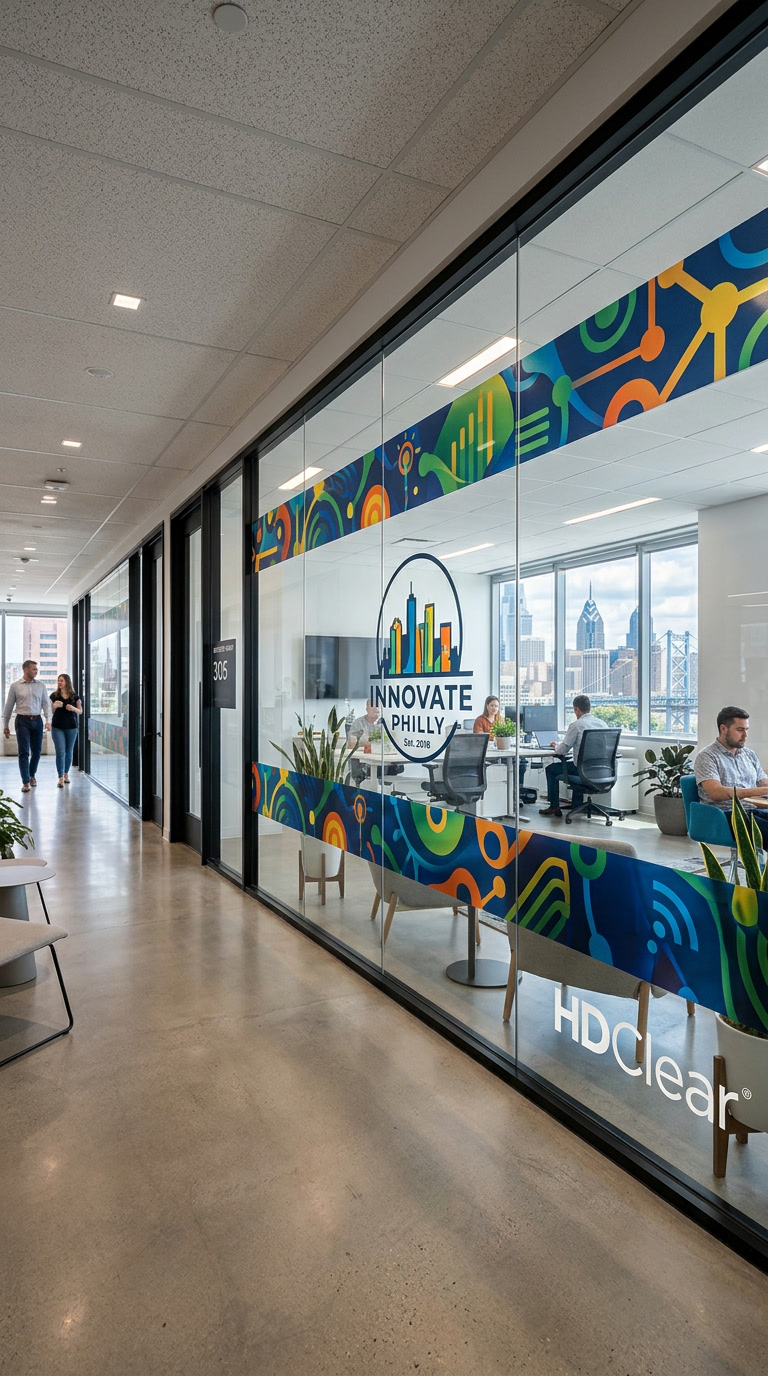 HDClear full color custom printed glass film installed in a Philadelphia commercial interior