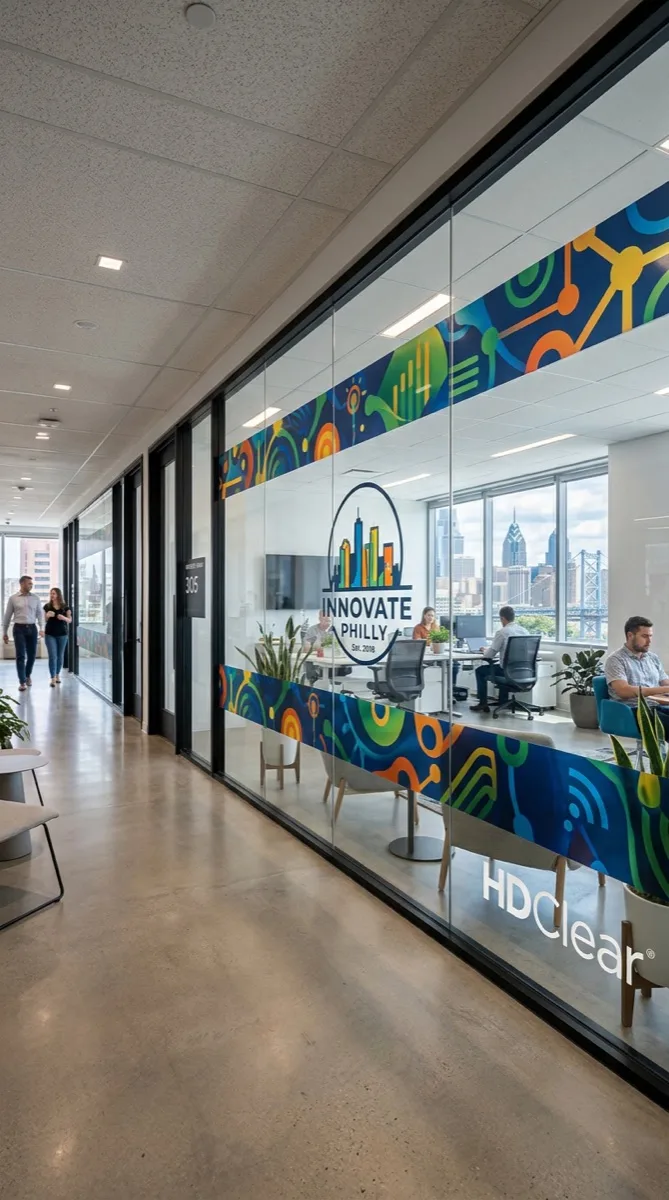 HDClear full color custom printed glass film installed in a Philadelphia commercial interior