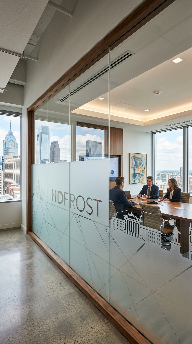 HDFrost custom printed frosted glass film in a Philadelphia conference room