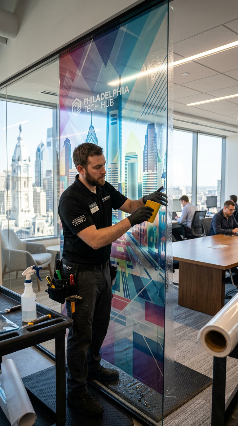 HDClear custom printed decorative glass film for Philadelphia office partitions