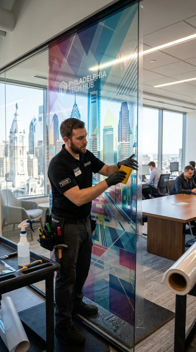 HDClear custom printed decorative glass film for Philadelphia office partitions