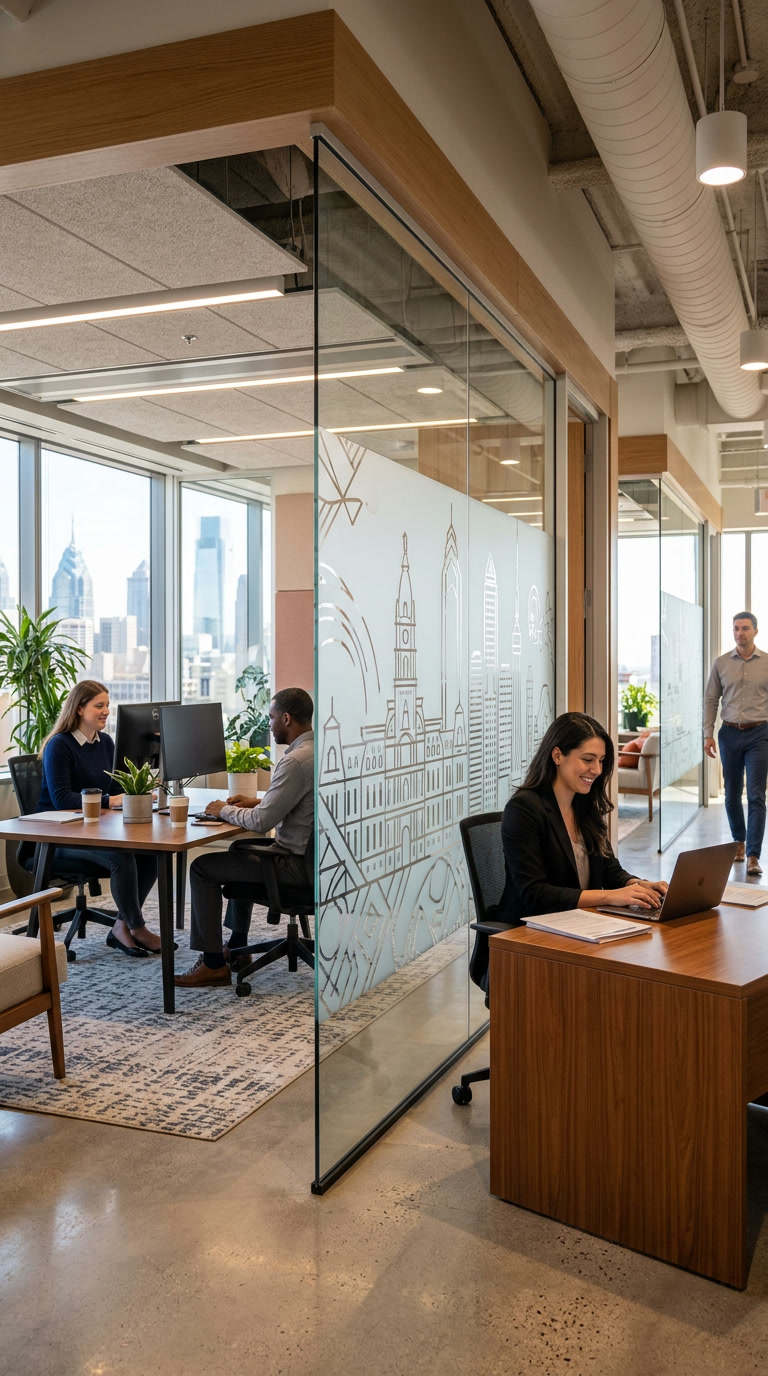 HDClear Film transforming Philadelphia office glass into branded decorative privacy panels